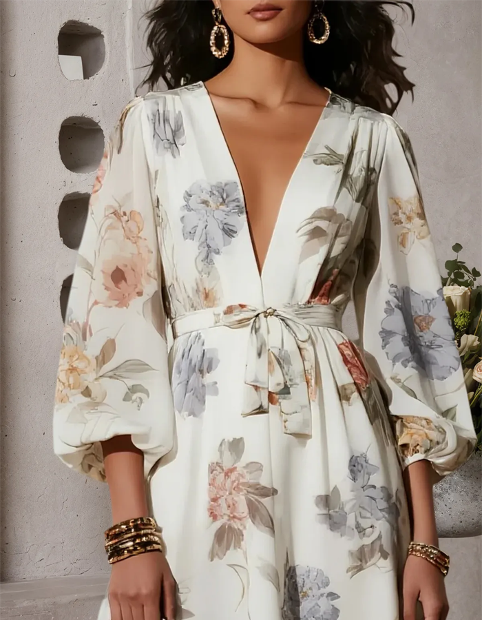 Anna-Berg | Ivory Chiffon V-Neck Printed Dress