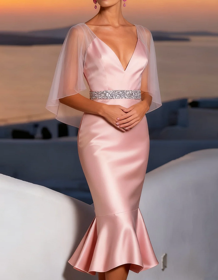 Anna-Berg | Pale Pink Satin Mermaid Shawl Dress