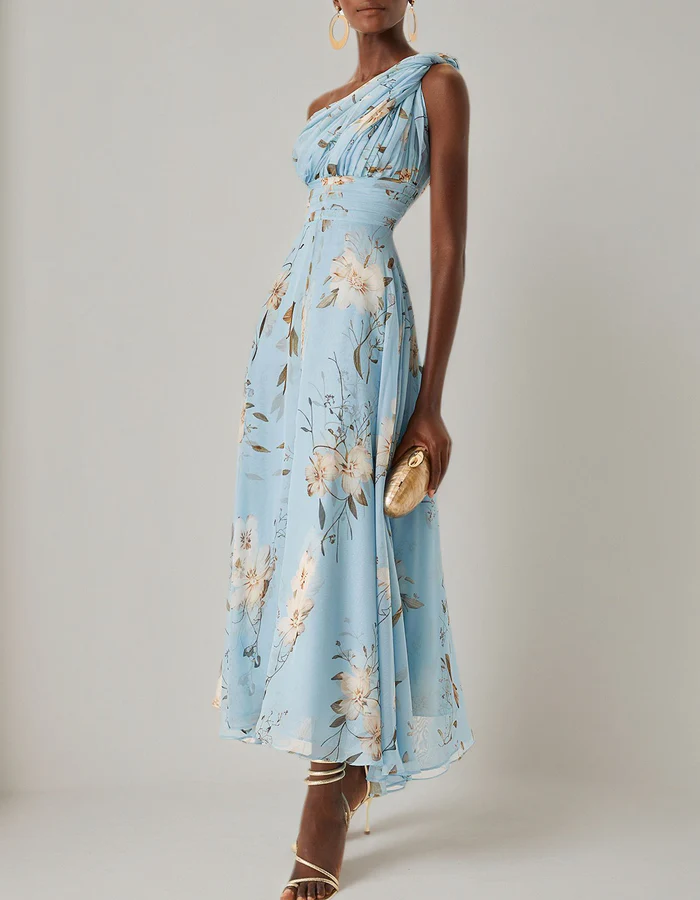 Anna-Berg | Light Blue Chiffon One-Shoulder Floral Dress