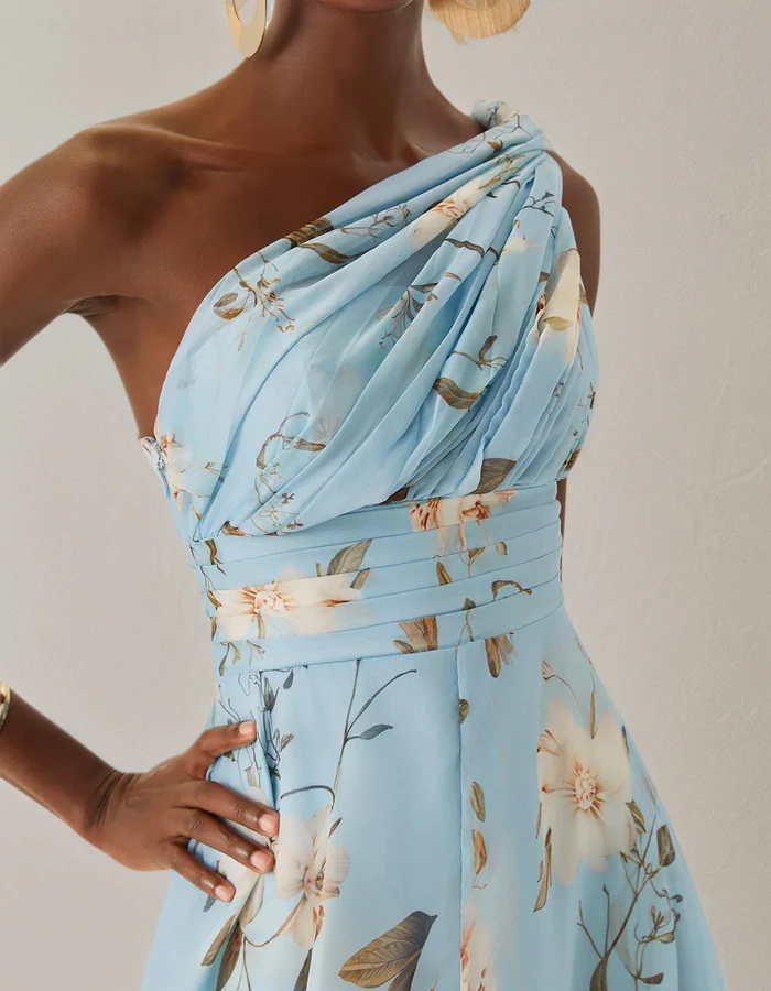 Anna-Berg | Light Blue Chiffon One-Shoulder Floral Dress