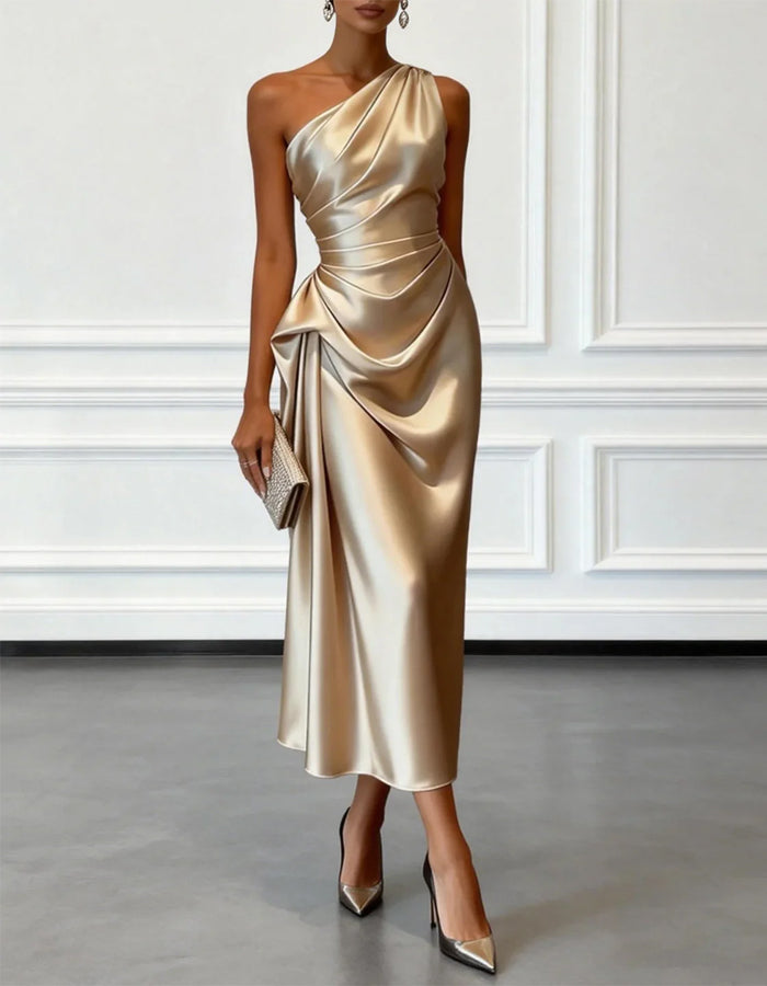 Anna-Berg | Champagne Satin One-Shoulder Pleated Dress
