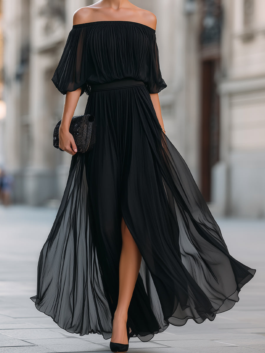 Anna-Berg | Off-Shoulder Pleated Chiffon Dress