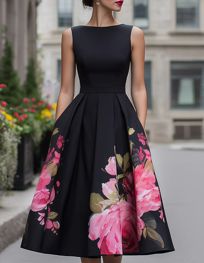 Anna-Berg | Black Floral Printed Sleeveless Dress