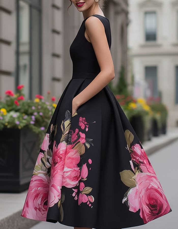 Anna-Berg | Black Floral Printed Sleeveless Dress