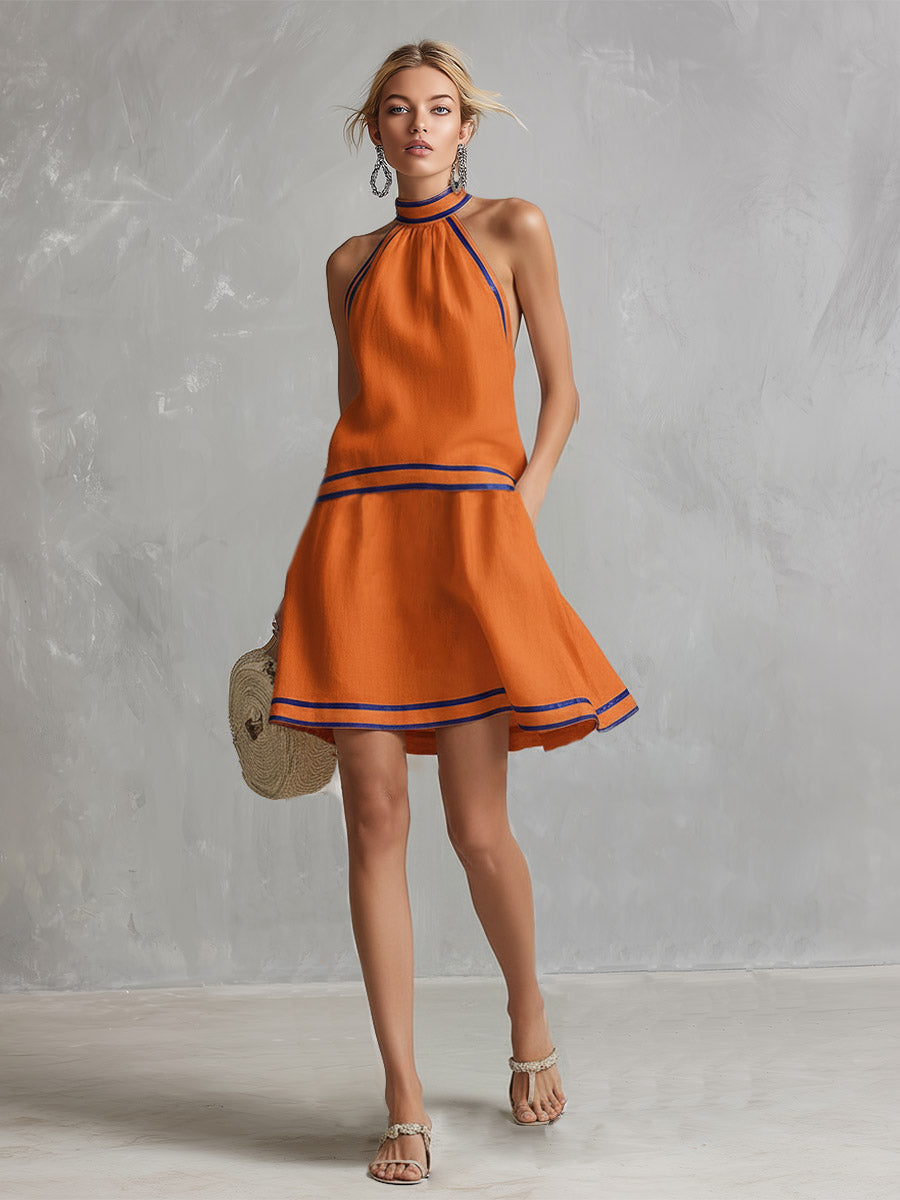Anna-Berg | Orange Linen Sleeveless Elegant Evening Dress