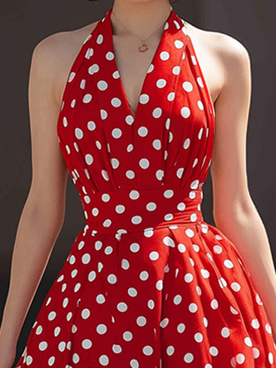 Anna-Berg | Halter V-Neck Polka Dot A-Line Midi Dress