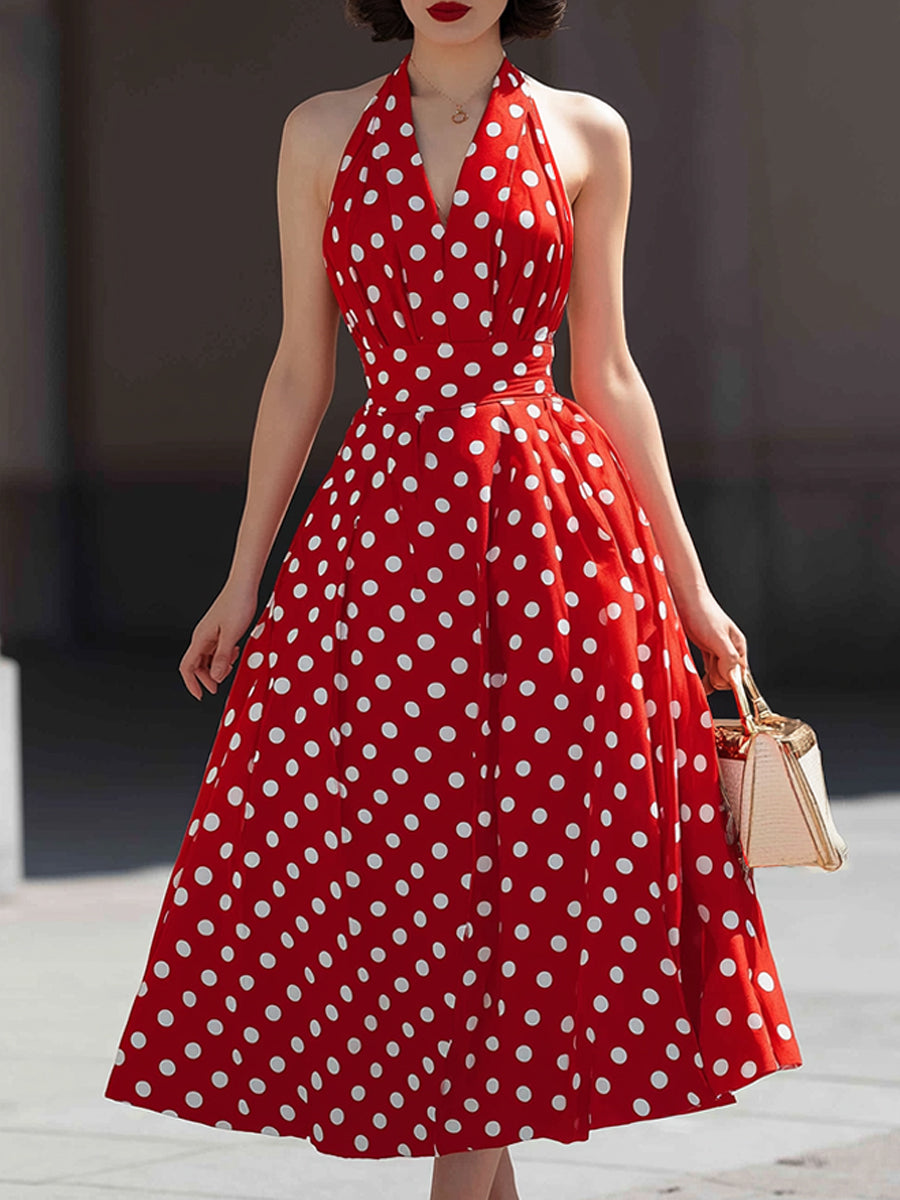 Anna-Berg | Halter V-Neck Polka Dot A-Line Midi Dress