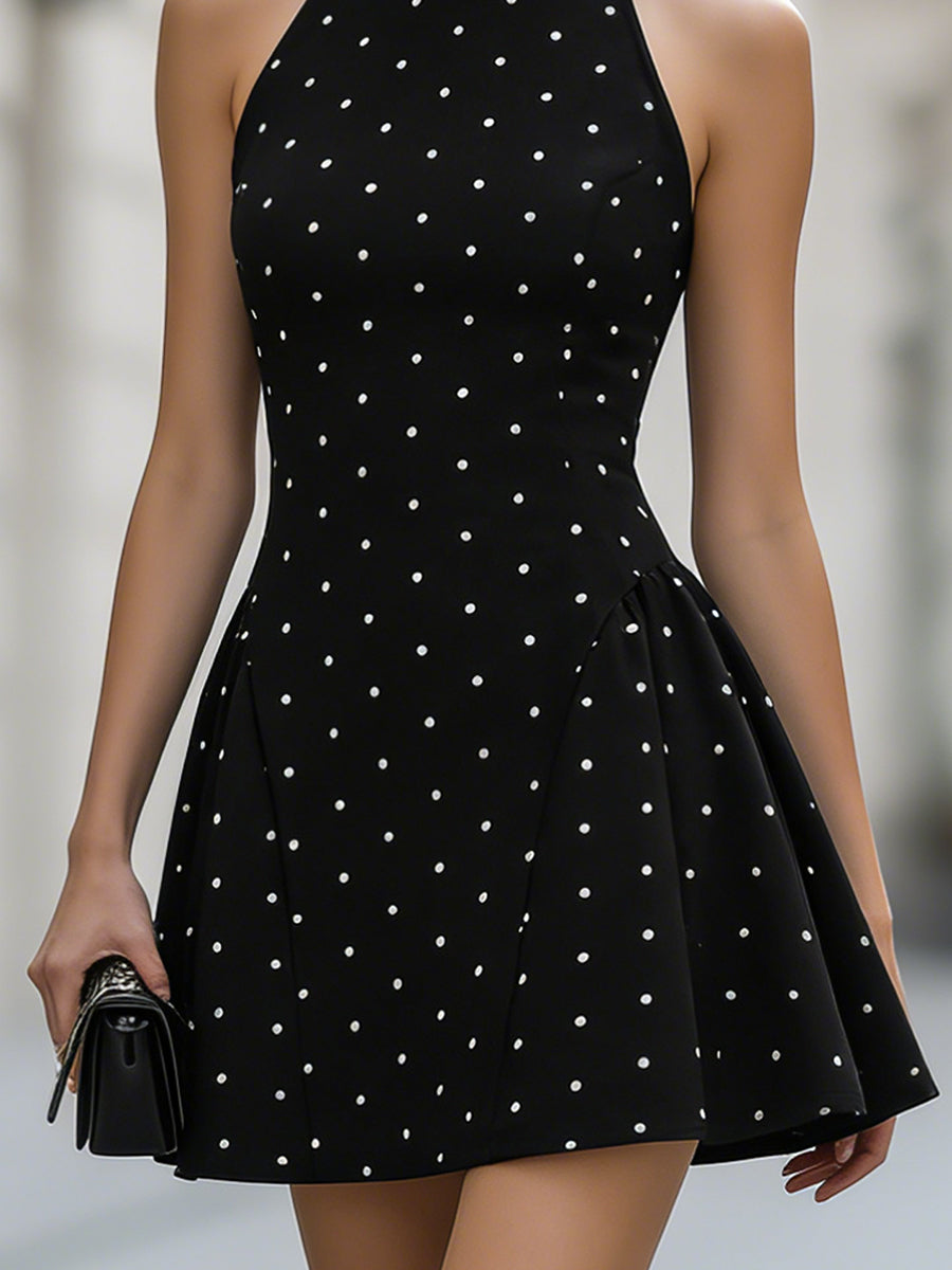 Anna-Berg | Elegant Polka Dot Halter Neck Sleeveless Flared Mini Dress
