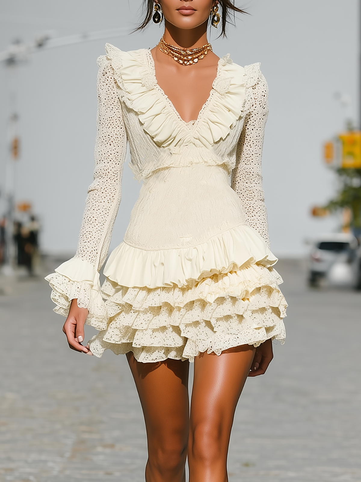 Anna-Berg | Cream Lace Ruffle Long Sleeve Dress