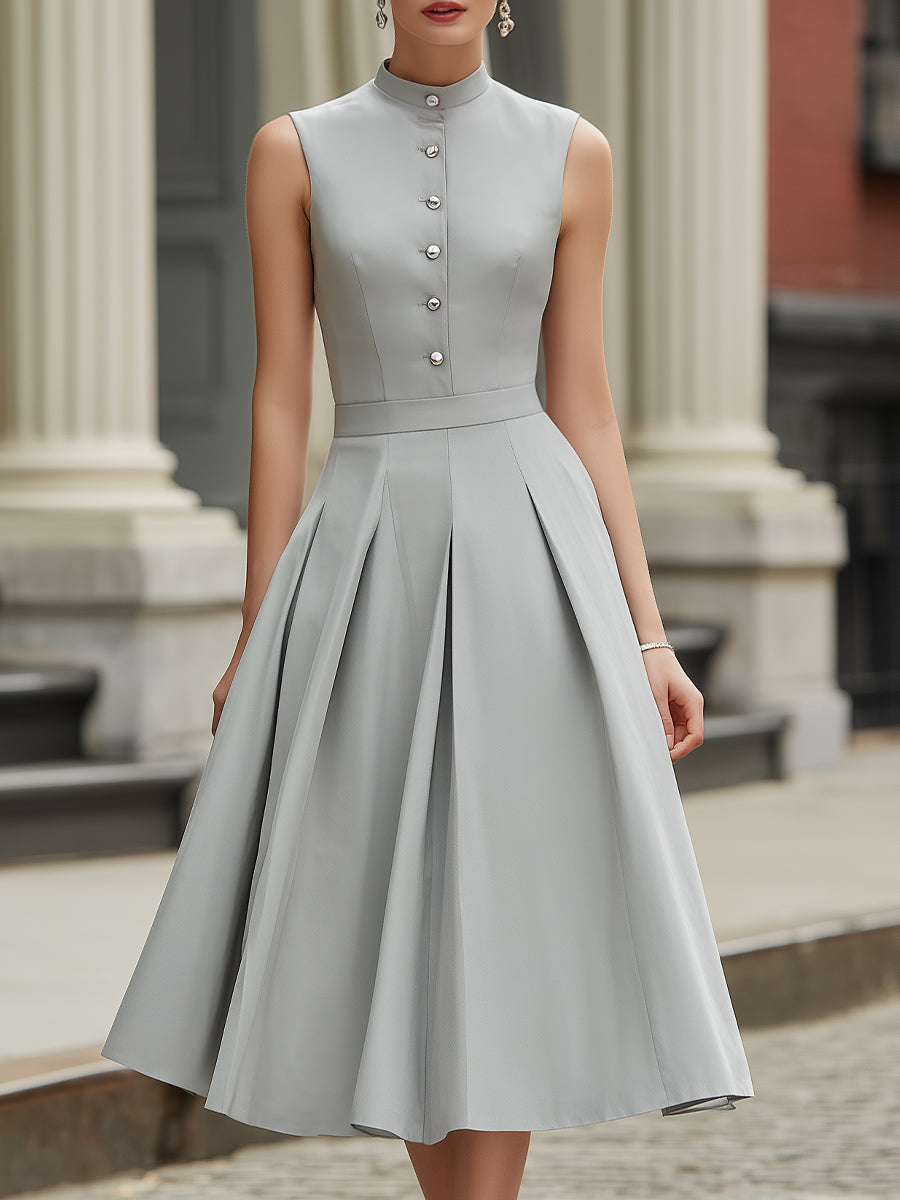 Anna-Berg | High Neck Button Front Pleated Dress