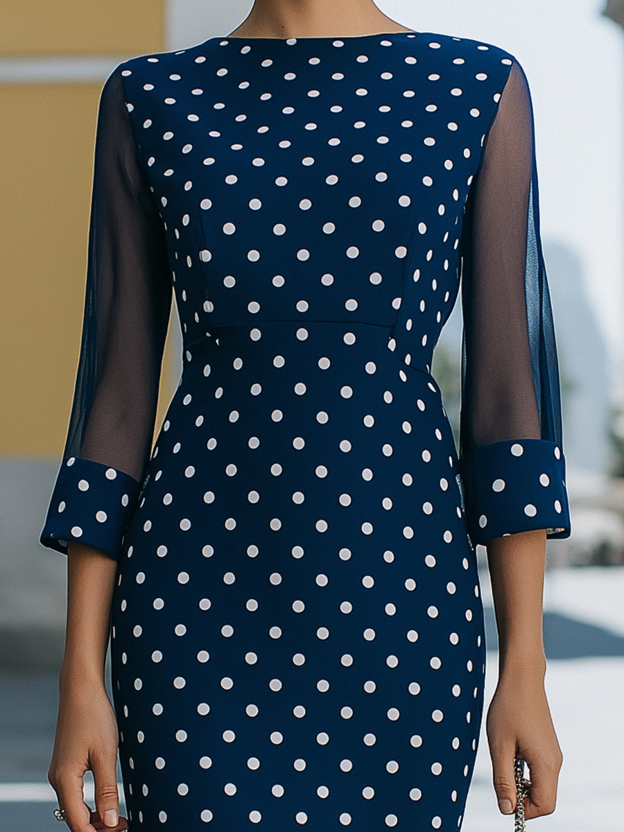 Anna-Berg | Elegant Navy Blue White Polka Dot Mesh Sleeve Bodycon Midi Dress