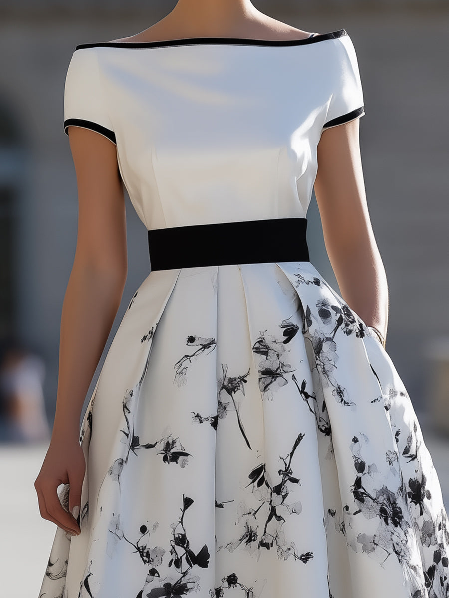 Anna-Berg | Elegant White Black Ink Floral Print Boat Neck Flared Midi Dress