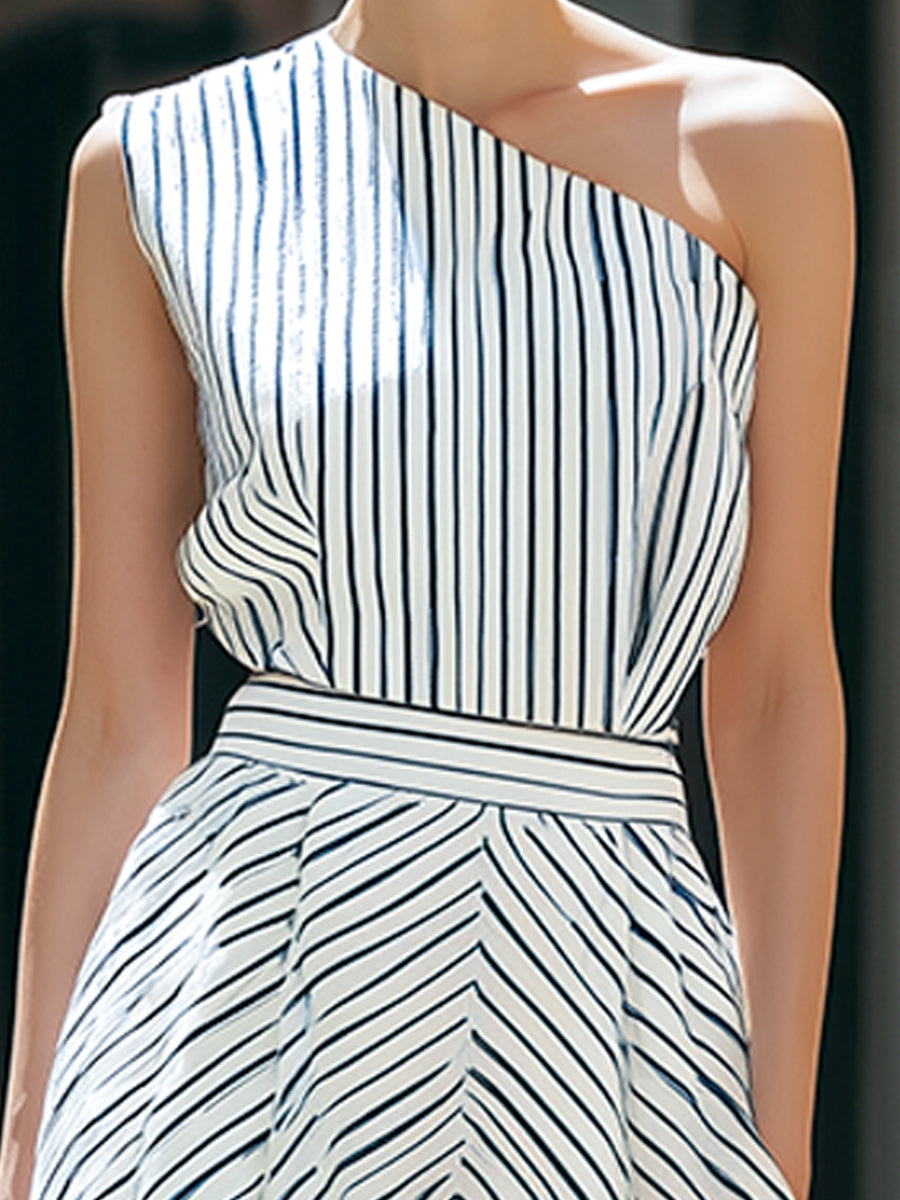 Anna-Berg | One-Shoulder Striped Pleated Dress