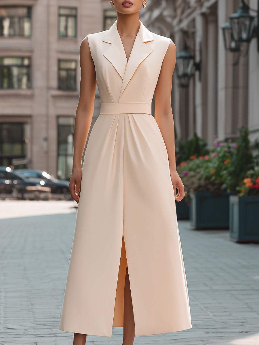Anna-Berg | Elegant Beige Sleeveless Lapel Collar Dress