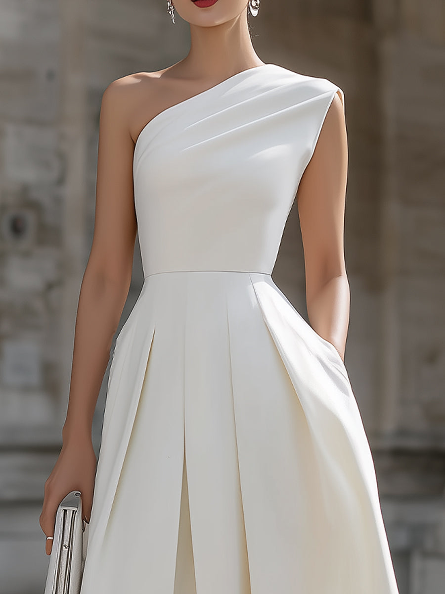 Anna-Berg | White One-Shoulder Draped Pleated A-Line Dress