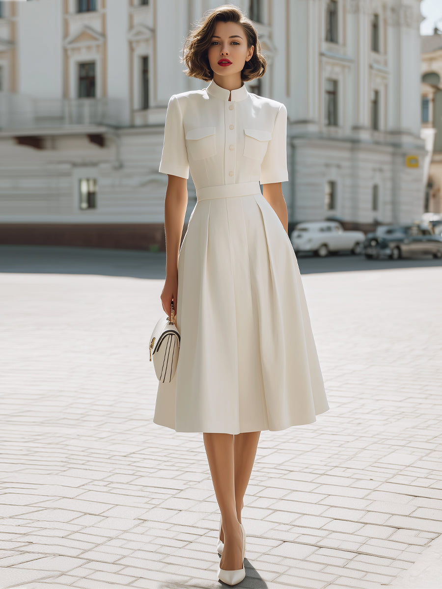 Anna-Berg | White Stand Collar Button-Down Belted Dress