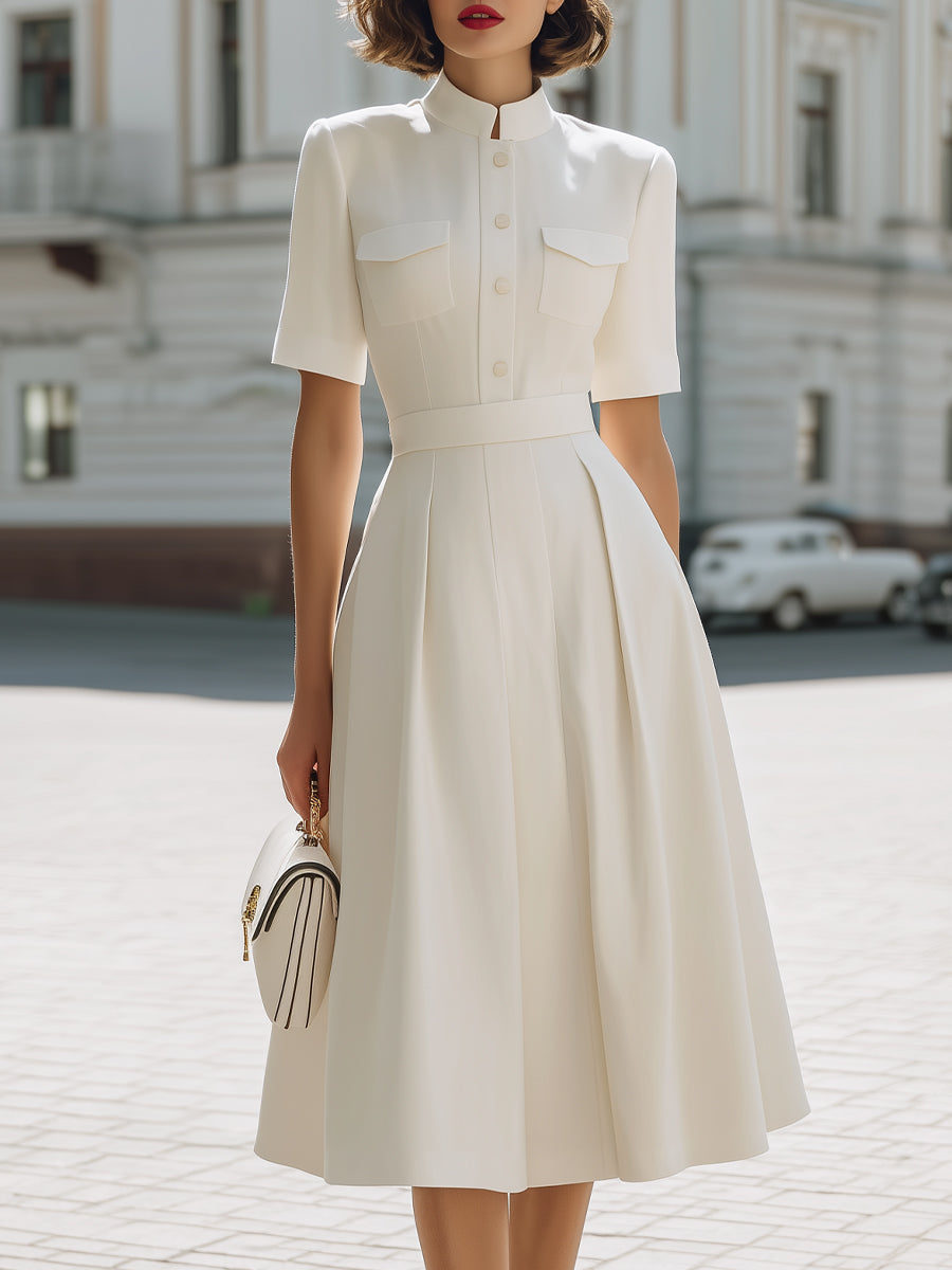 Anna-Berg | White Stand Collar Button-Down Belted Dress