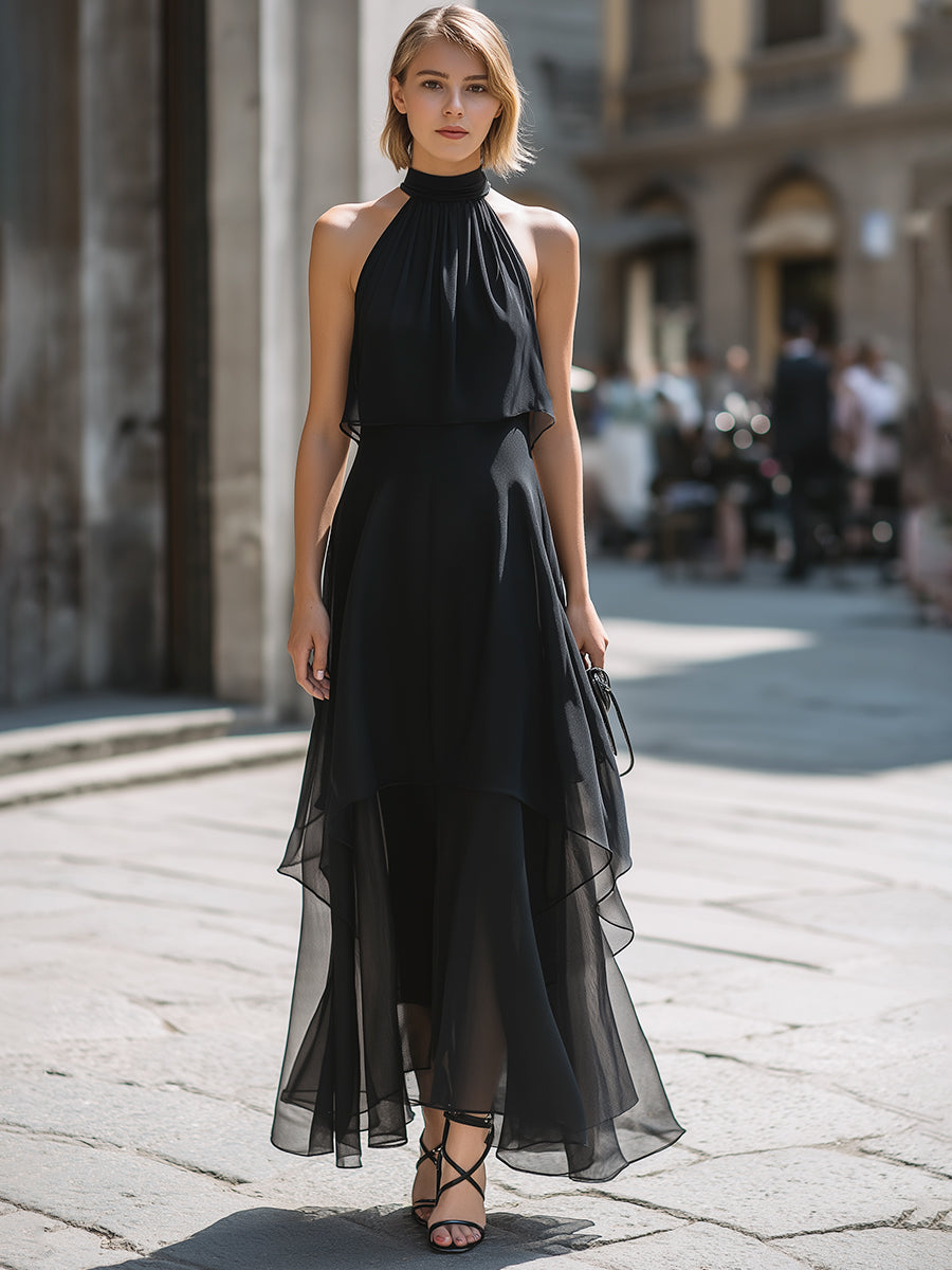 Anna-Berg | Halter Neck Layered Chiffon Dress