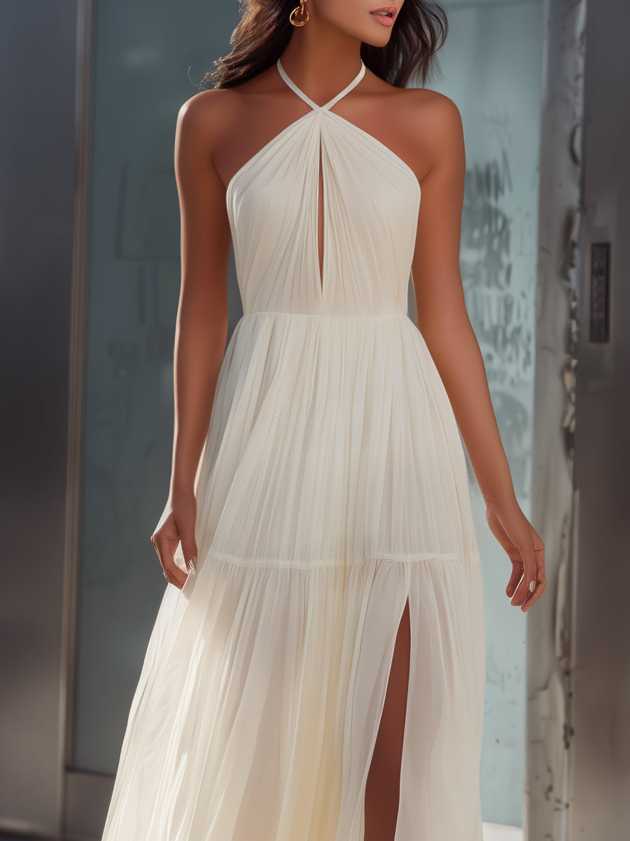 Anna-Berg | Halter Neck Pleated Flowing Dress