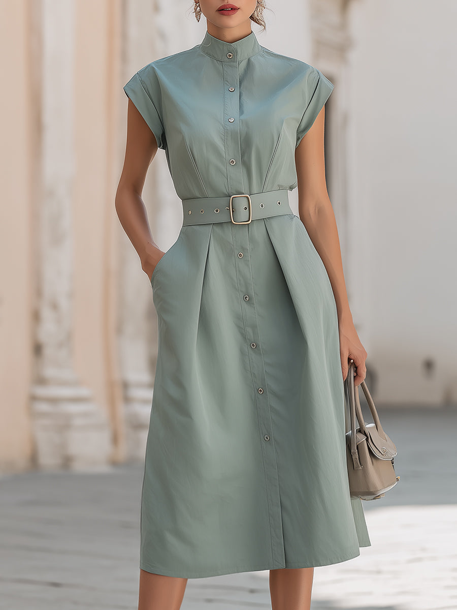 Anna-Berg | Elegant Stand Collar Belted Button-Down Dress