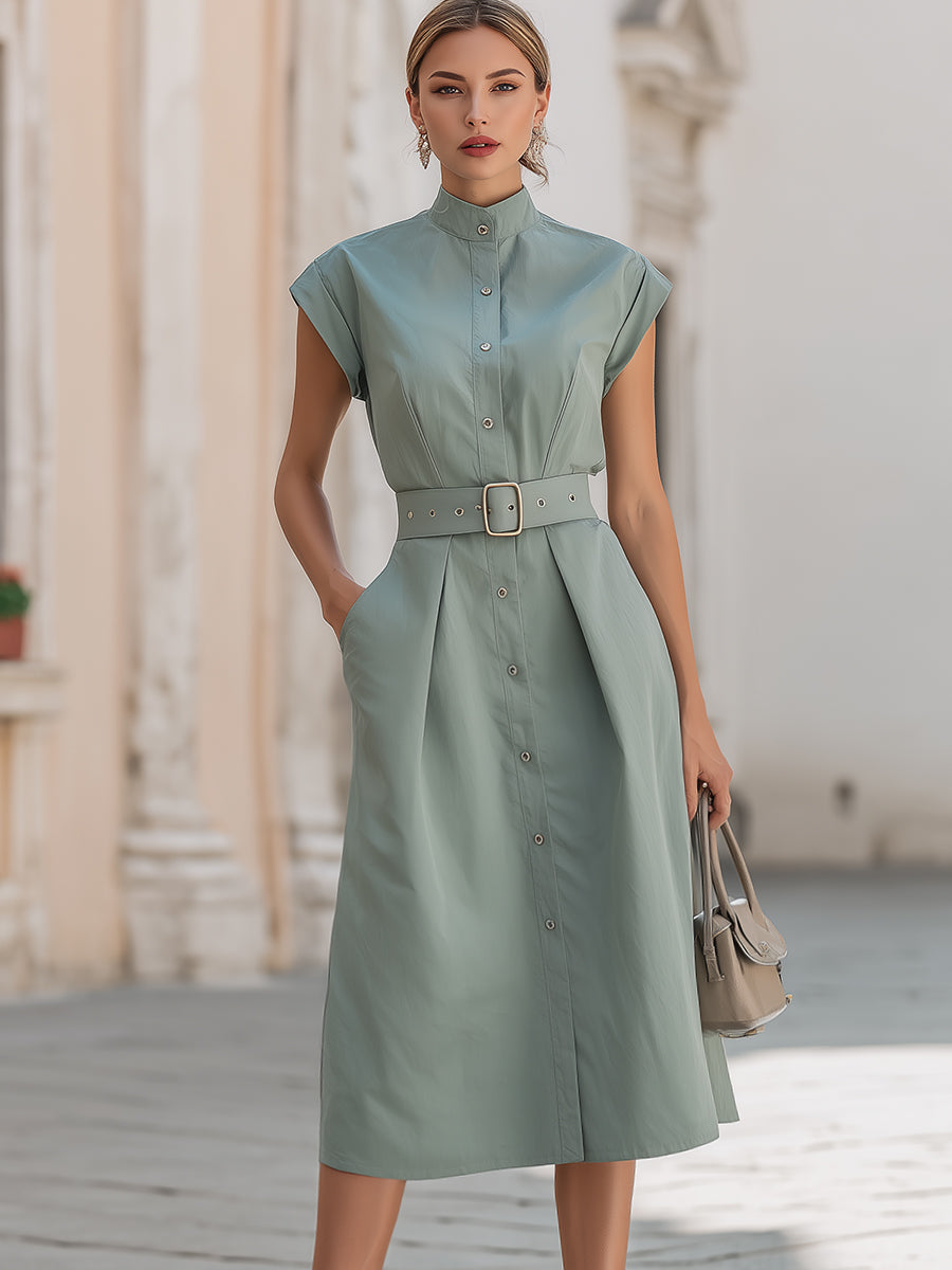 Anna-Berg | Elegant Stand Collar Belted Button-Down Dress