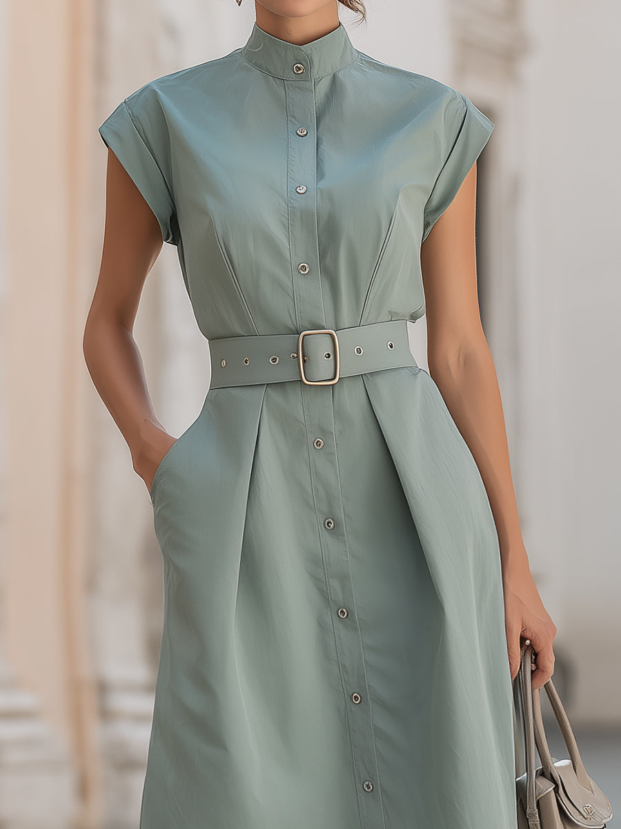Anna-Berg | Elegant Stand Collar Belted Button-Down Dress