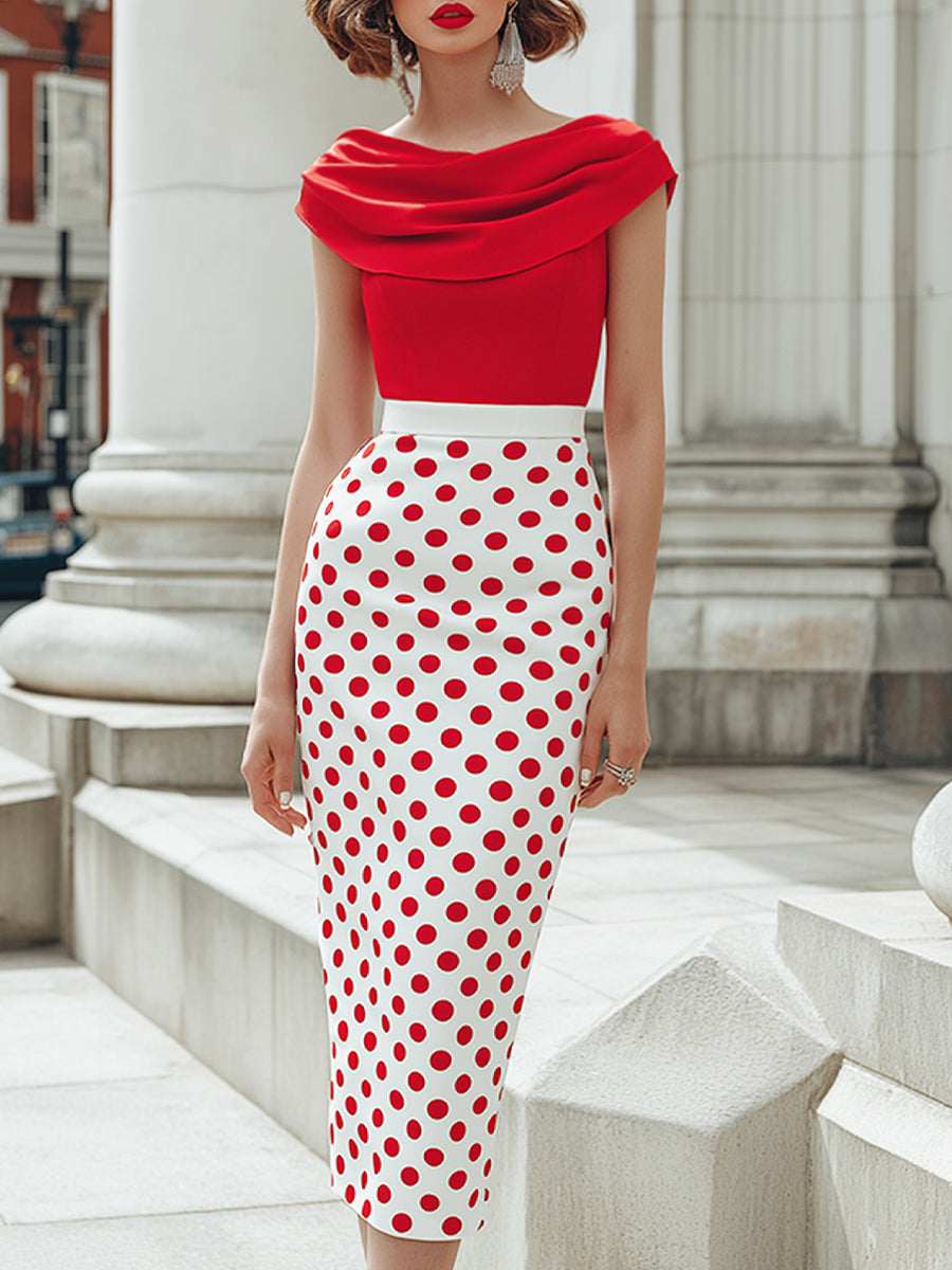Anna-Berg | Off-Shoulder Draped Bodice Polka Dot Pencil Midi Dress