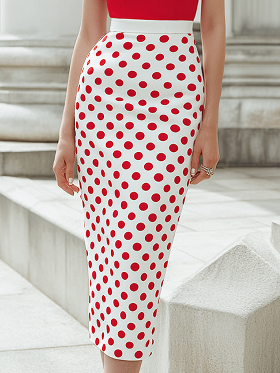 Anna-Berg | Off-Shoulder Draped Bodice Polka Dot Pencil Midi Dress