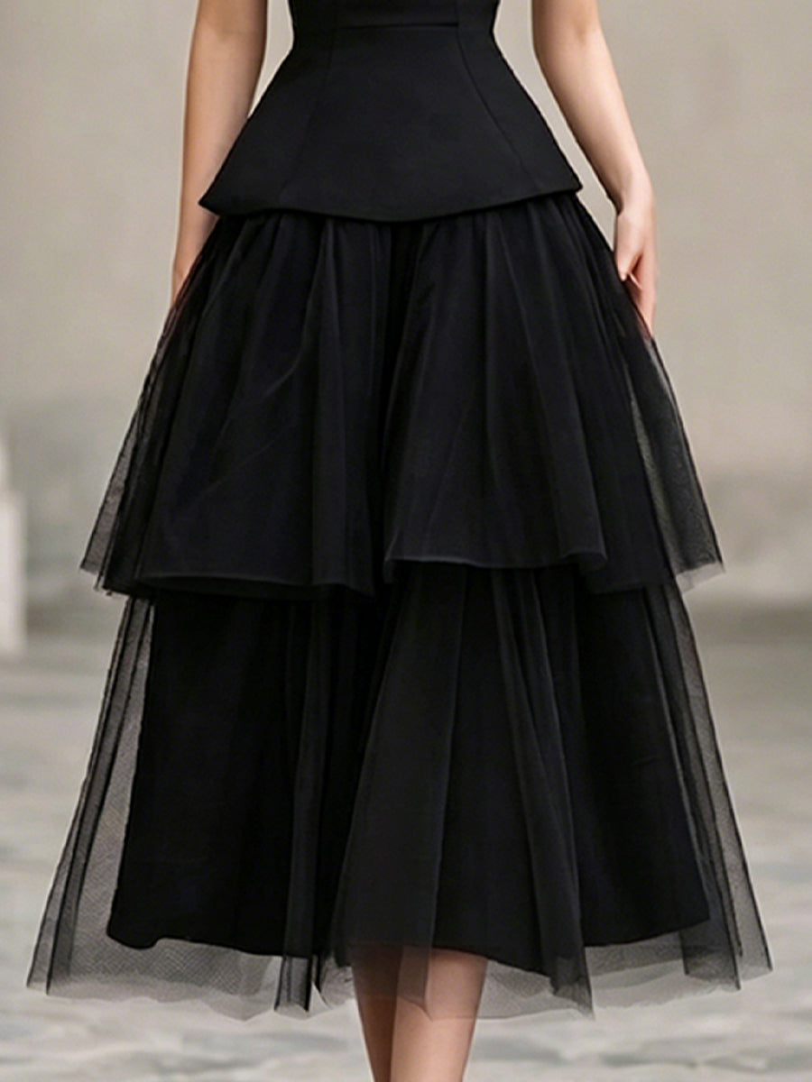 Anna-Berg | Halter Neck Structured Tiered Tulle Midi Dress