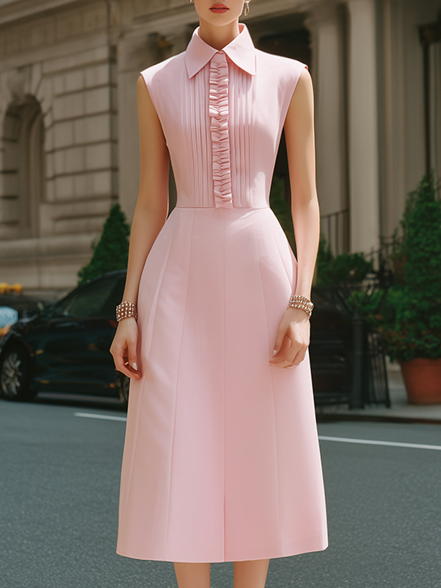 Anna-Berg | Sleeveless Ruffle Placket Structured Midi Shirt Dress