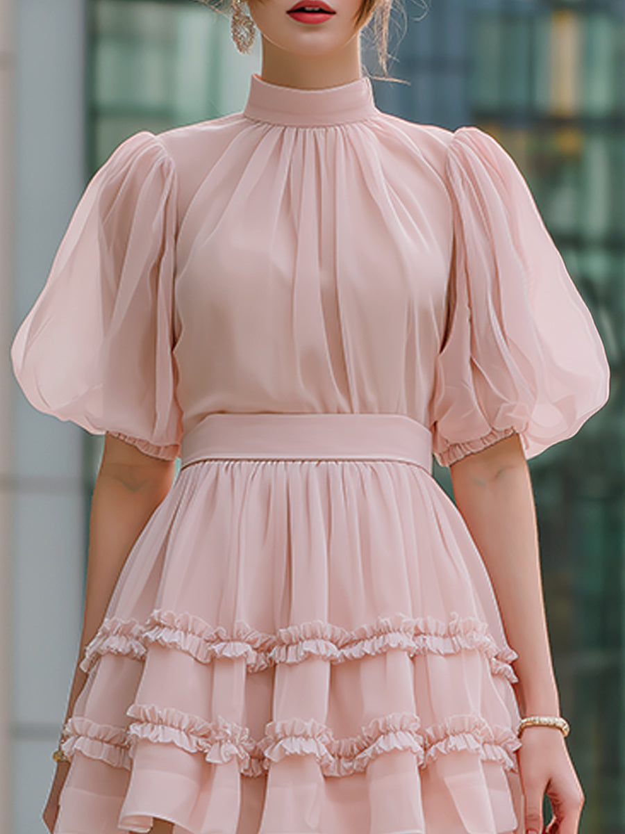 Anna-Berg | High Neck Puff Sleeve Tiered Ruffle Mini Dress