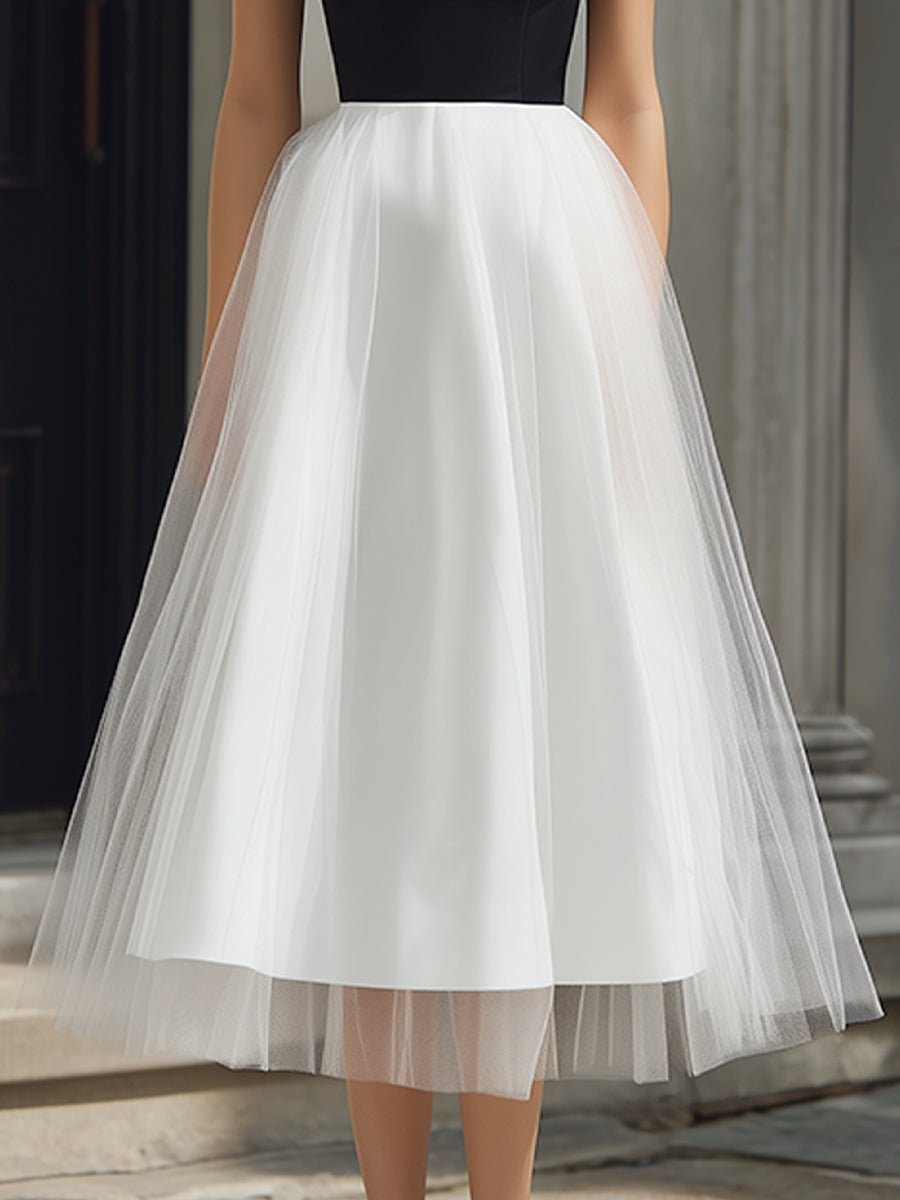 Anna-Berg | Off-Shoulder Strap Detail Tulle A-Line Midi Dress