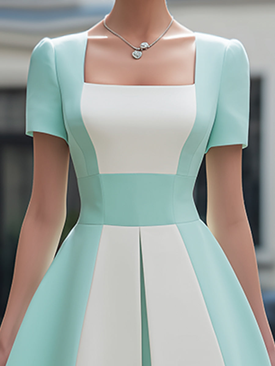 Anna-Berg | Square Neck Contrast Panel Structured A-Line Midi Dress