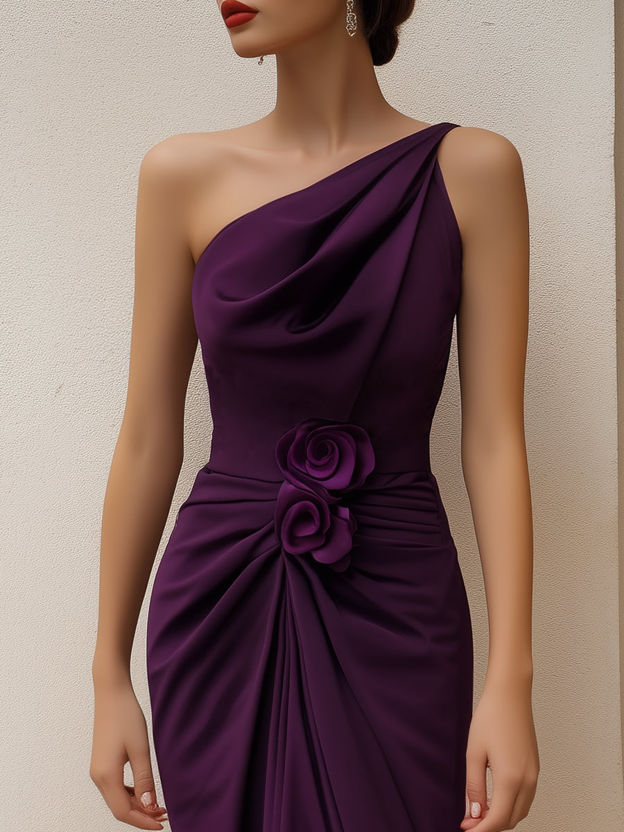 Anna-Berg | One-Shoulder Draped Floral Accent Midi Dress