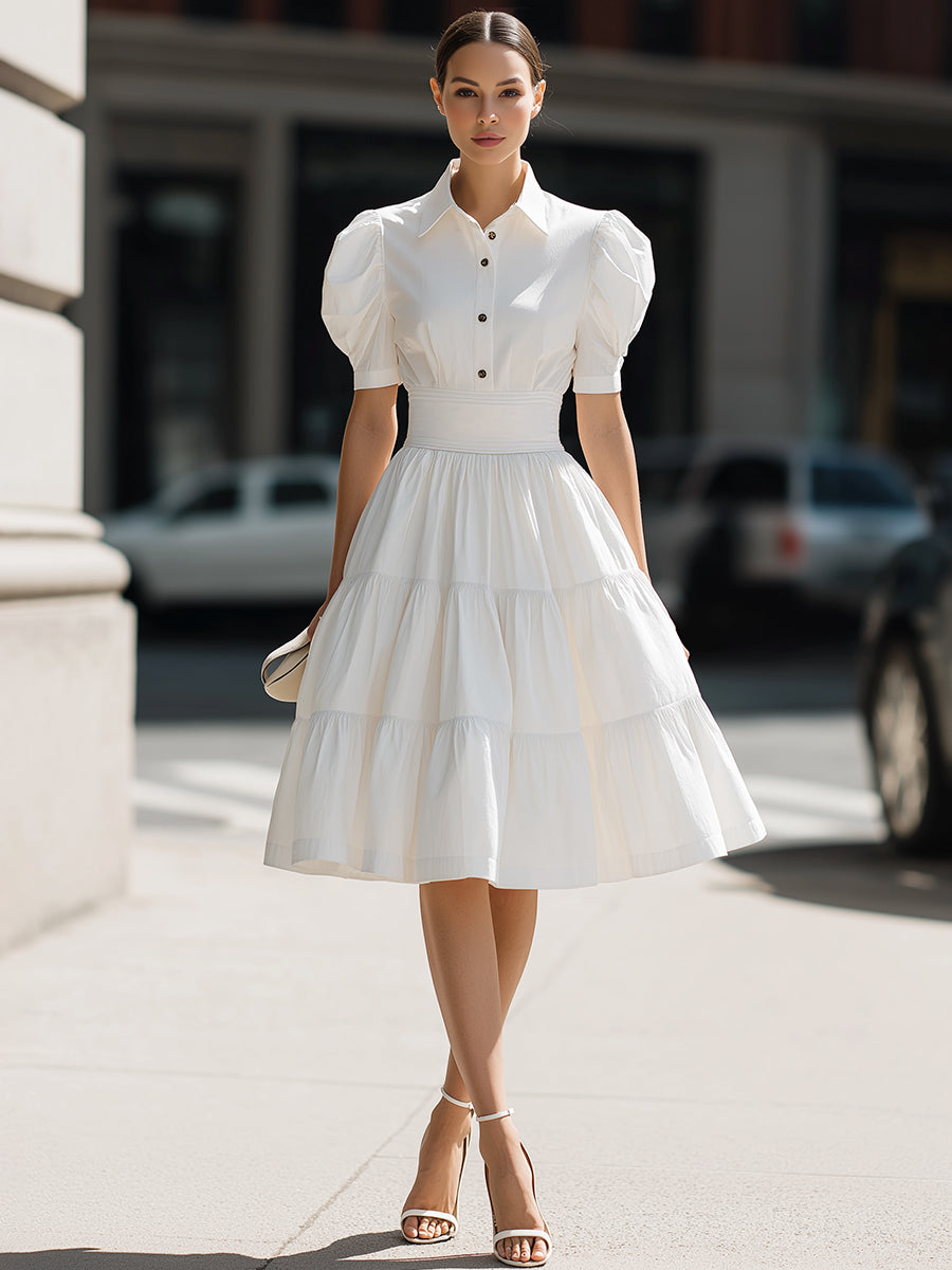 Anna-Berg | Puff Sleeve Button-Front Tiered A-Line Mini Dress