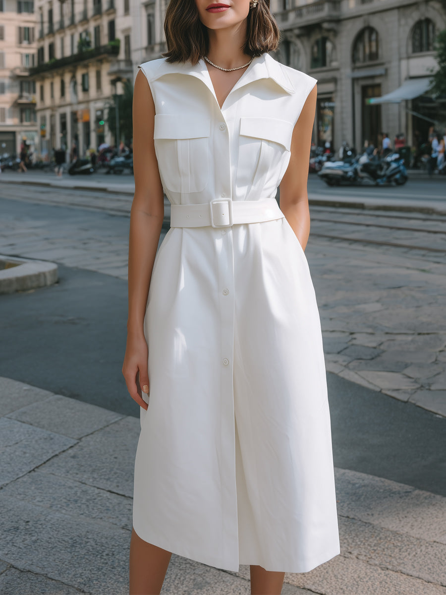 Anna-Berg | Sleeveless Utility Pocket Belted Shirt Midi Dress
