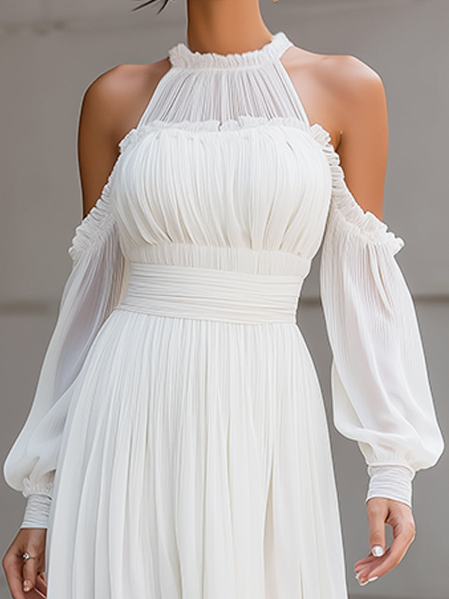 Anna-Berg | High Neck Pleated Cold-Shoulder Chiffon Midi Dress