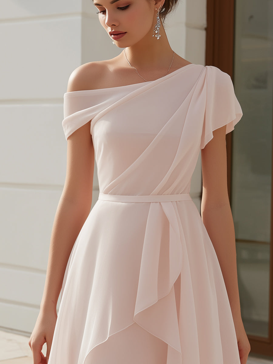 Anna-Berg | One-Shoulder Draped Chiffon A-Line Mini Dress