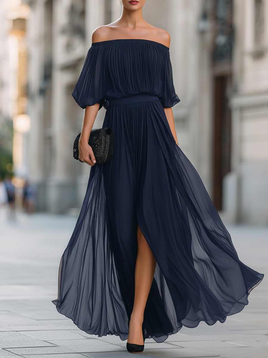 Anna-Berg | Off-Shoulder Pleated Chiffon Dress