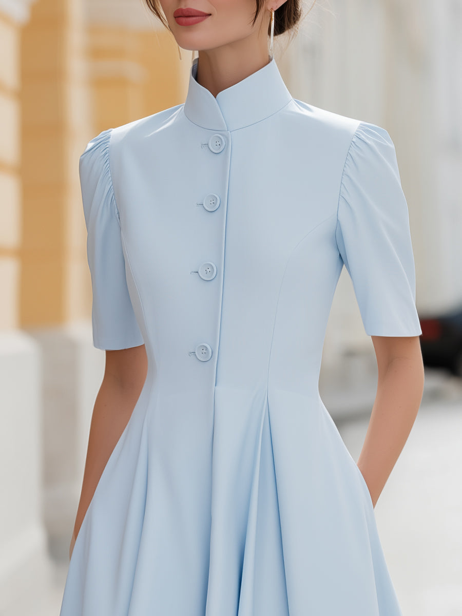Anna-Berg | Stand Collar Button-Front Pleated A-Line Midi Dress