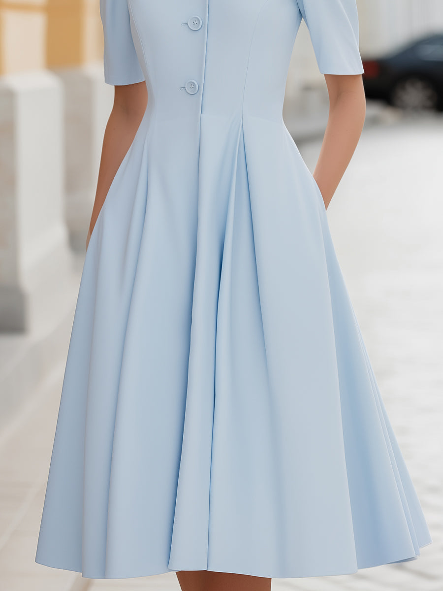 Anna-Berg | Stand Collar Button-Front Pleated A-Line Midi Dress