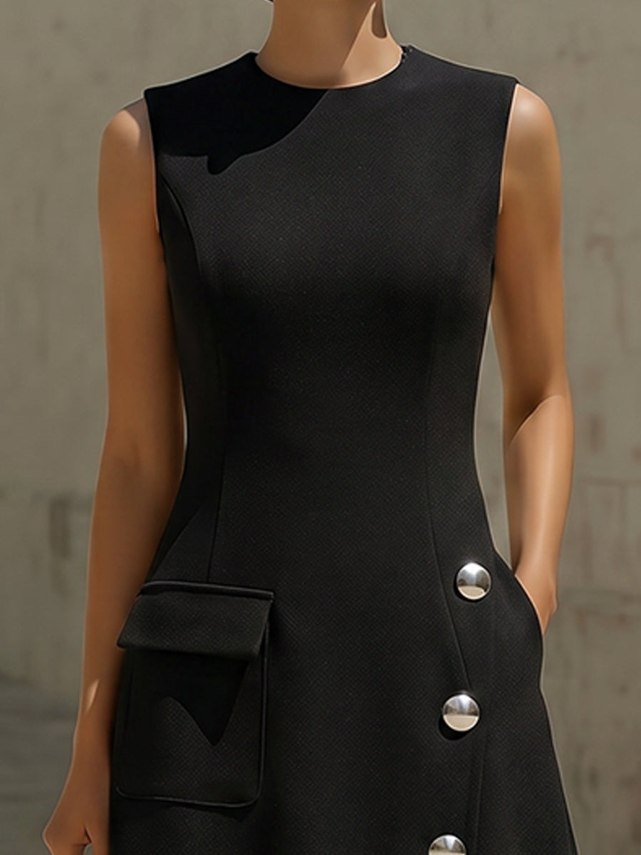 Anna-Berg | Sleeveless Tailored Midi Dress With Silver Buttons And Pocket