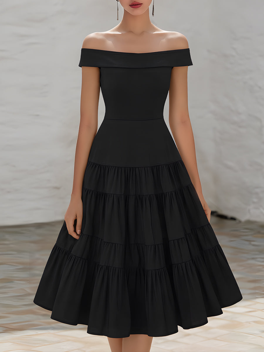 Anna-Berg | Off-Shoulder Tiered Ruffle A-Line Midi Dress