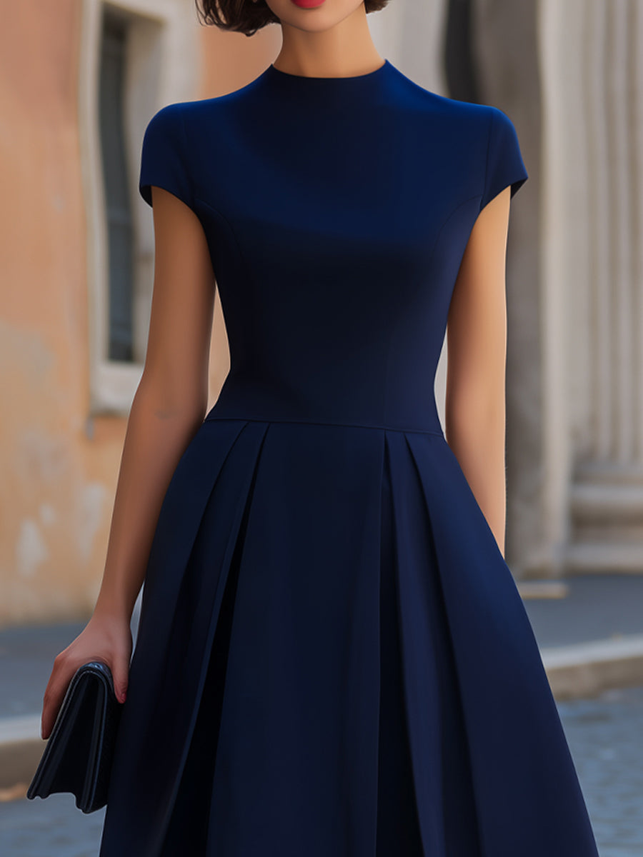 Anna-Berg | Navy Blue High Neck Cap Sleeve Inverted Pleat A-Line Midi Dress
