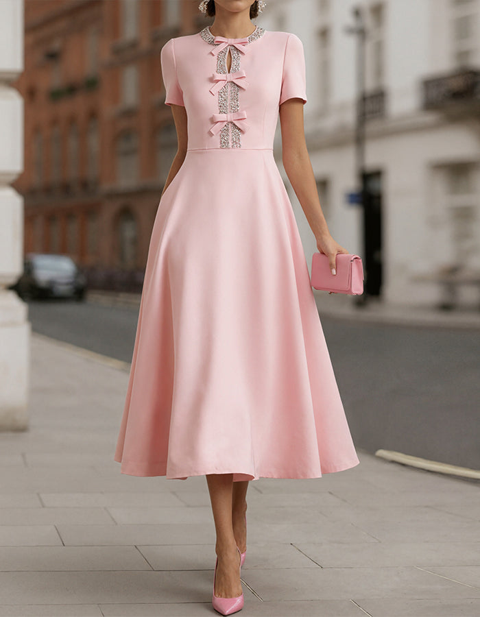 Anna-Berg | Pink Satin Rhinestone Bow Detail Dress