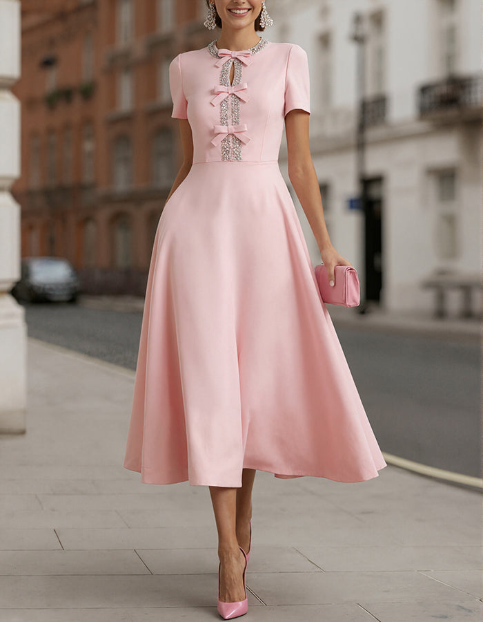 Anna-Berg | Pink Satin Rhinestone Bow Detail Dress