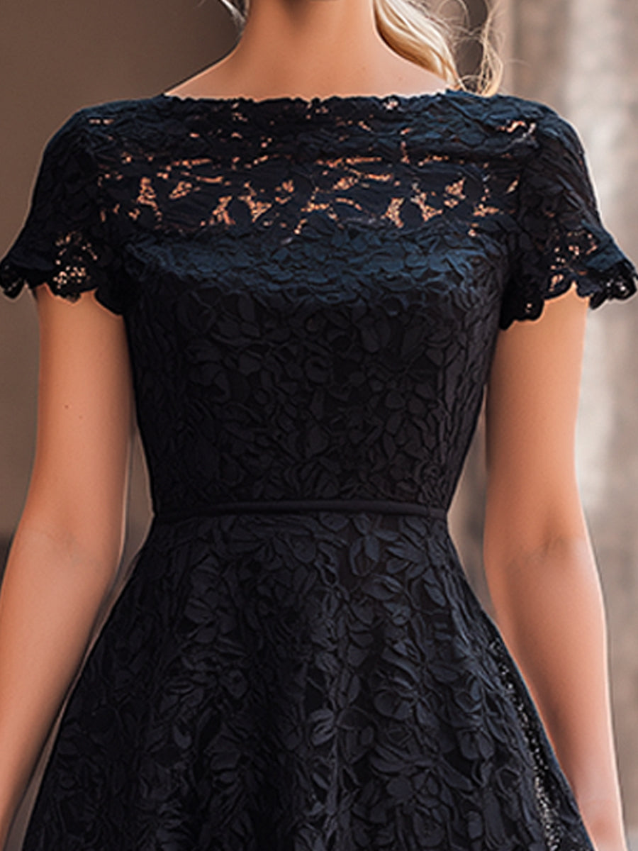 Anna-Berg | Elegant Floral Lace Boat Neck A-Line Midi Dress