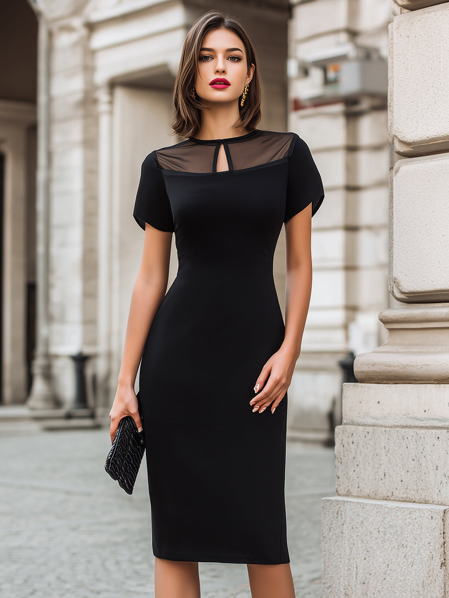 Anna-Berg | Sheer Panel Keyhole Neckline Short Sleeve Sheath Dress