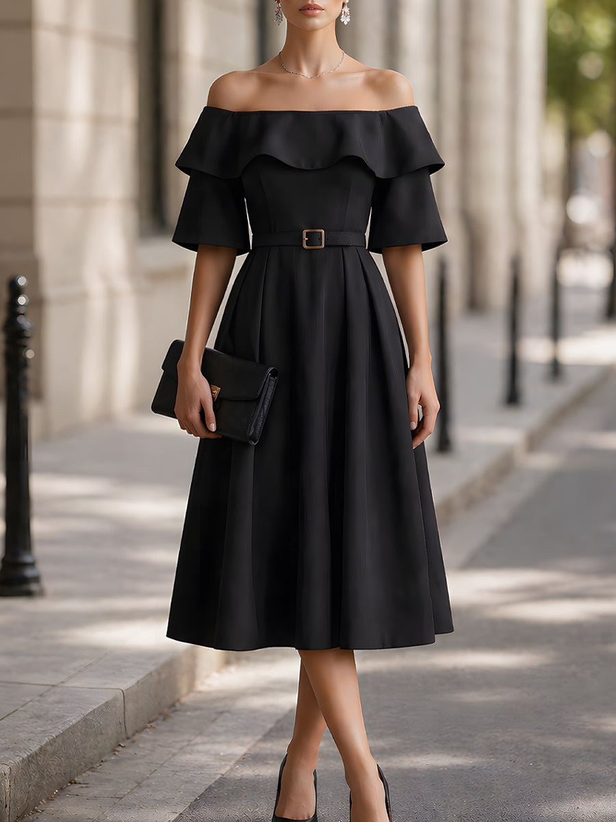 Anna-Berg | Off-Shoulder Belted Ruffle Sleeve A-Line Midi Dress