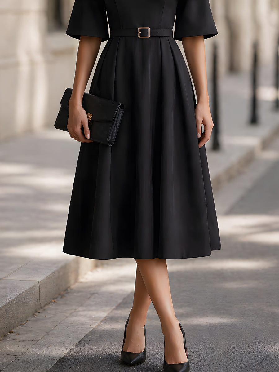 Anna-Berg | Off-Shoulder Belted Ruffle Sleeve A-Line Midi Dress